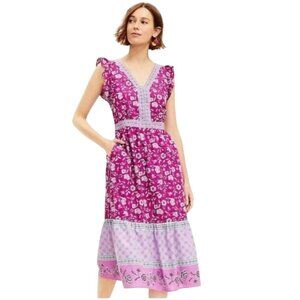 Loft Border Ruffle Pocket Midi Dress Purple Pink V Neck Fully Lined Size 6